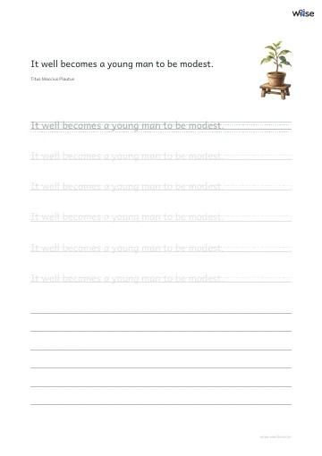 영어 따라쓰기 PDF 첫 페이지: It well becomes a young man to be modest.
