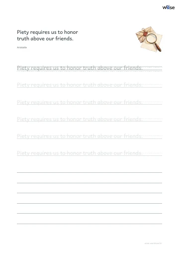 영어 따라쓰기 PDF 첫 페이지: Piety requires us to honor truth above our friends.