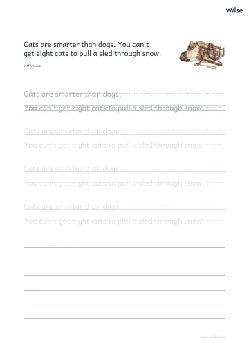 영어 따라쓰기 PDF 첫 페이지: Cats are smarter than dogs. You can't get eight cats to pull a sled through snow.