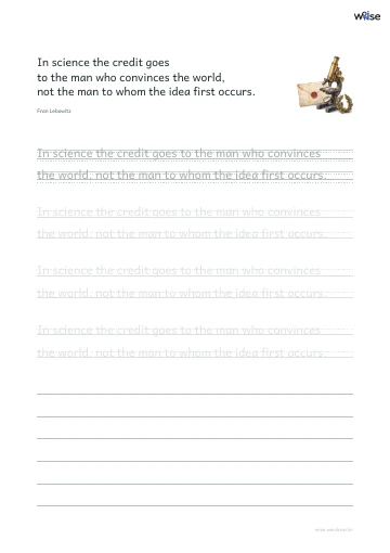 영어 따라쓰기 PDF 첫 페이지: In science the credit goes to the man who convinces the world, not the man to whom the idea first occurs.