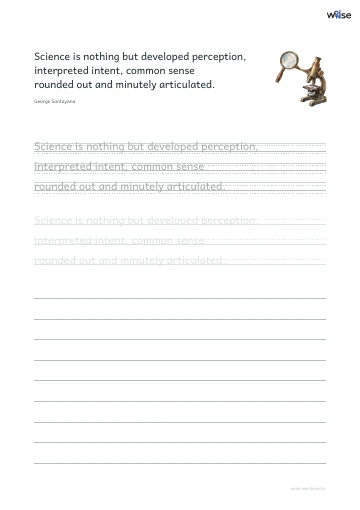 영어 따라쓰기 PDF 첫 페이지: Science is nothing but developed perception, interpreted intent, common sense rounded out and minutely articulated.