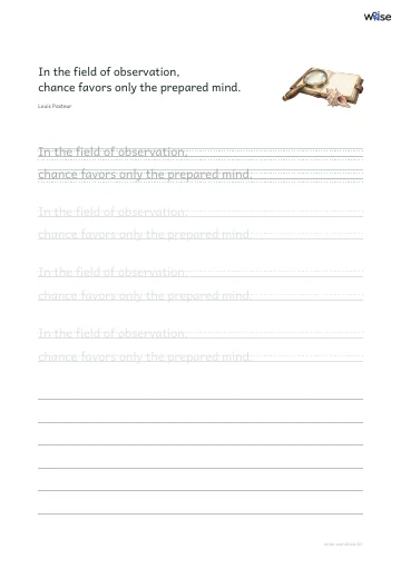 영어 따라쓰기 PDF 첫 페이지: In the field of observation, chance favors only the prepared mind.