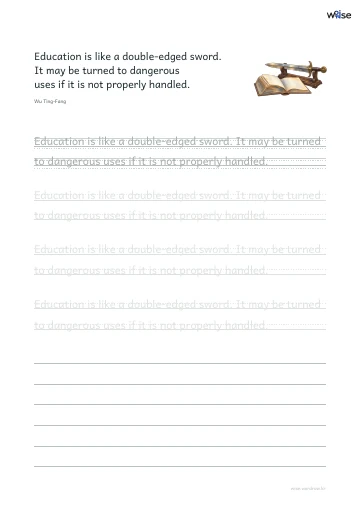 영어 따라쓰기 PDF 첫 페이지: Education is like a double-edged sword. It may be turned to dangerous uses if it is not properly handled.