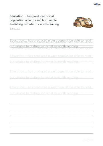 영어 따라쓰기 PDF 첫 페이지: Education... has produced a vast population able to read but unable to distinguish what is worth reading.