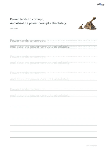영어 따라쓰기 PDF 첫 페이지: Power tends to corrupt, and absolute power corrupts absolutely.