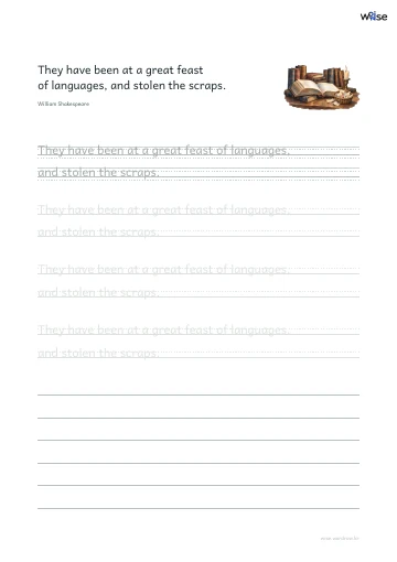 영어 따라쓰기 PDF 첫 페이지: They have been at a great feast of languages, and stolen the scraps.