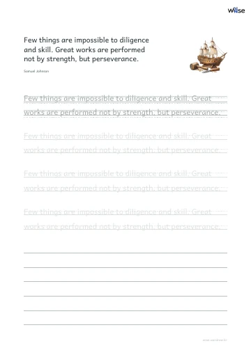 영어 따라쓰기 PDF 첫 페이지: Few things are impossible to diligence and skill. Great works are performed not by strength, but perseverance.