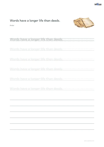 영어 따라쓰기 PDF 첫 페이지: Words have a longer life than deeds.