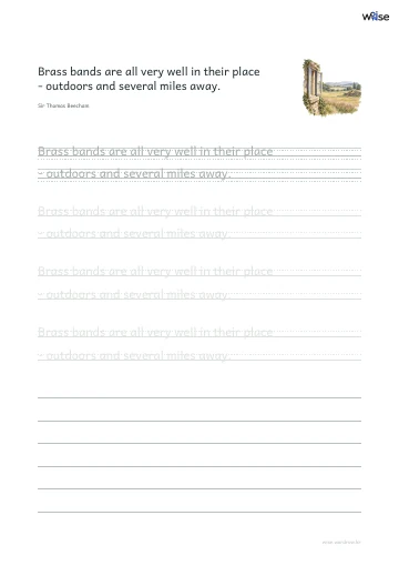 영어 따라쓰기 PDF 첫 페이지: Brass bands are all very well in their place - outdoors and several miles away.