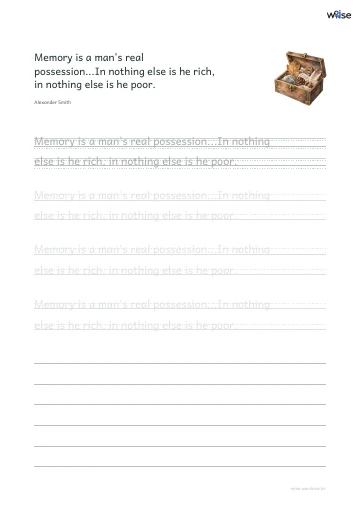 영어 따라쓰기 PDF 첫 페이지: Memory is a man's real possession...In nothing else is he rich, in nothing else is he poor.