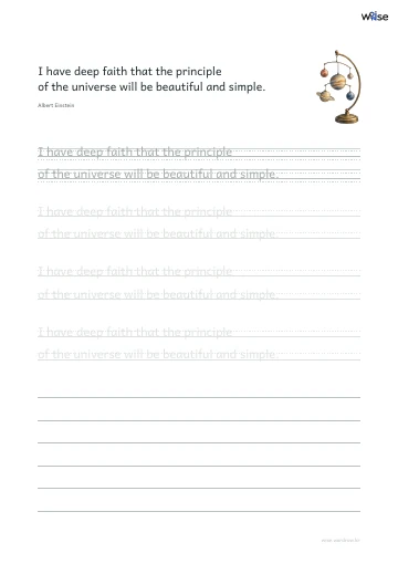 영어 따라쓰기 PDF 첫 페이지: I have deep faith that the principle of the universe will be beautiful and simple.