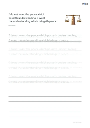 영어 따라쓰기 PDF 첫 페이지: I do not want the peace which passeth understanding, I want the understanding which bringeth peace.