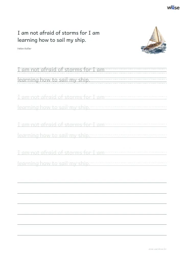 영어 따라쓰기 PDF 첫 페이지: I am not afraid of storms for I am learning how to sail my ship.