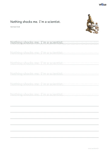 영어 따라쓰기 PDF 첫 페이지: Nothing shocks me. I'm a scientist.