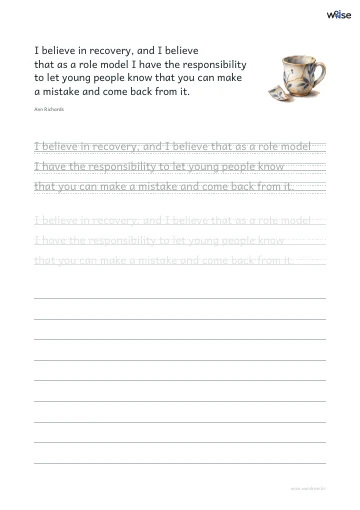 영어 따라쓰기 PDF 첫 페이지: I believe in recovery, and I believe that as a role model I have the responsibility to let young people know that you can make a mistake and come back from it.