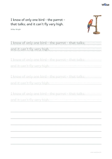 영어 따라쓰기 PDF 첫 페이지: I know of only one bird - the parrot - that talks; and it can't fly very high.