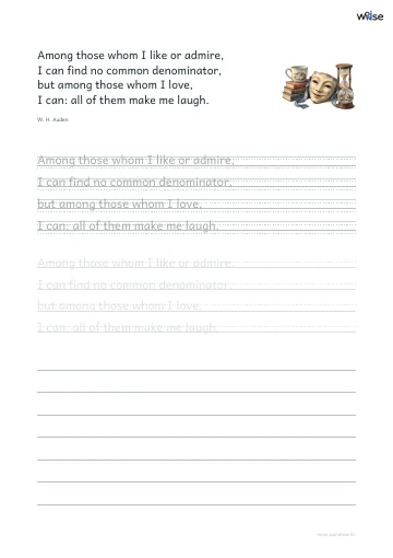 영어 따라쓰기 PDF 첫 페이지: Among those whom I like or admire, I can find no common denominator, but among those whom I love, I can: all of them make me laugh.