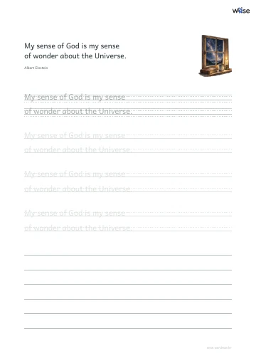 영어 따라쓰기 PDF 첫 페이지: My sense of God is my sense of wonder about the Universe.