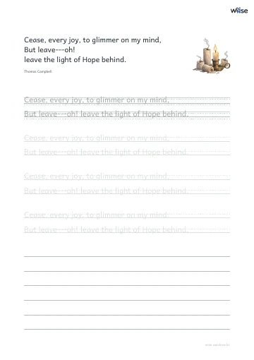 영어 따라쓰기 PDF 첫 페이지: Cease, every joy, to glimmer on my mind, But leave---oh! leave the light of Hope behind.