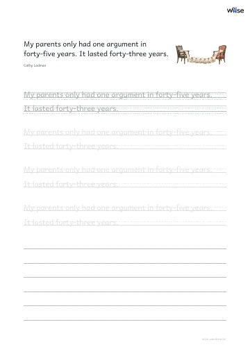 영어 따라쓰기 PDF 첫 페이지: My parents only had one argument in forty-five years. It lasted forty-three years.