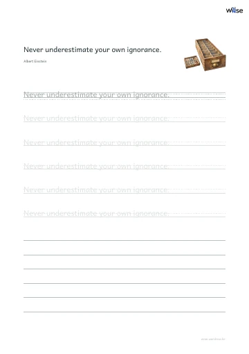 영어 따라쓰기 PDF 첫 페이지: Never underestimate your own ignorance.