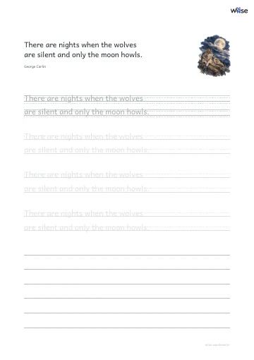 영어 따라쓰기 PDF 첫 페이지: There are nights when the wolves are silent and only the moon howls.