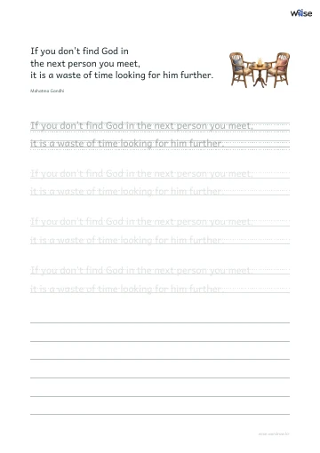 영어 따라쓰기 PDF 첫 페이지: If you don't find God in the next person you meet, it is a waste of time looking for him further.