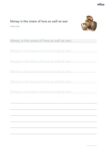 영어 따라쓰기 PDF 첫 페이지: Money is the sinew of love as well as war.