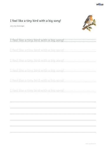 영어 따라쓰기 PDF 첫 페이지: I feel like a tiny bird with a big song!