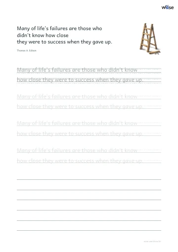 영어 따라쓰기 PDF 첫 페이지: Many of life's failures are those who didn't know how close they were to success when they gave up.