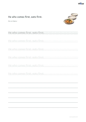 영어 따라쓰기 PDF 첫 페이지: He who comes first, eats first.