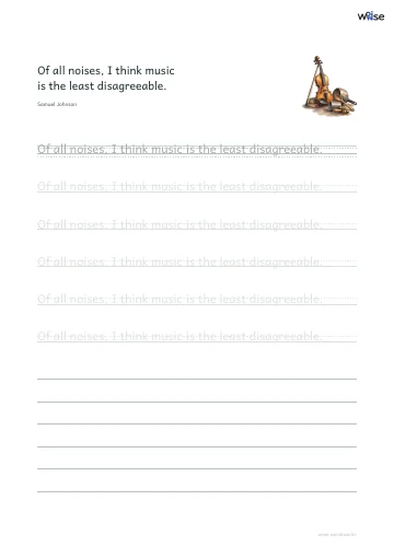 영어 따라쓰기 PDF 첫 페이지: Of all noises, I think music is the least disagreeable.