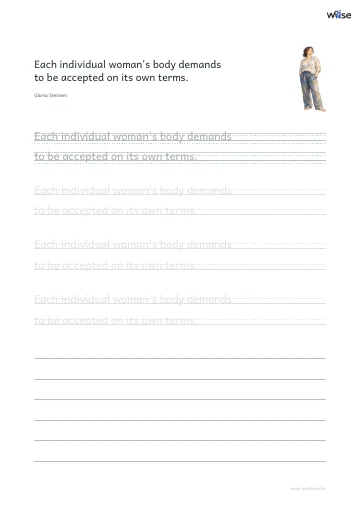 영어 따라쓰기 PDF 첫 페이지: Each individual woman's body demands to be accepted on its own terms.