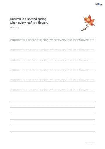영어 따라쓰기 PDF 첫 페이지: Autumn is a second spring when every leaf is a flower.