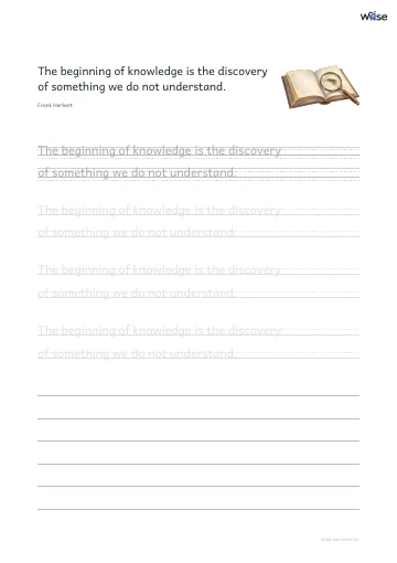 영어 따라쓰기 PDF 첫 페이지: The beginning of knowledge is the discovery of something we do not understand.