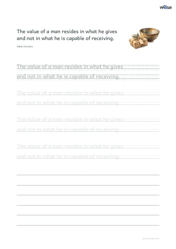 영어 따라쓰기 PDF 첫 페이지: The value of a man resides in what he gives and not in what he is capable of receiving.