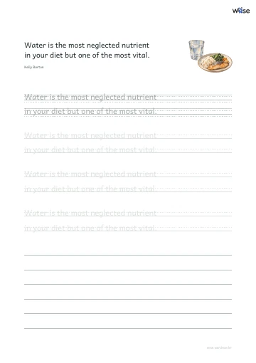 영어 따라쓰기 PDF 첫 페이지: Water is the most neglected nutrient in your diet but one of the most vital.