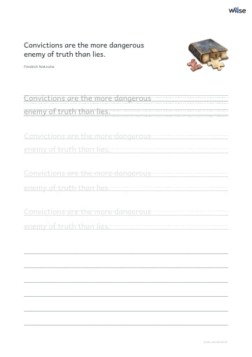 영어 따라쓰기 PDF 첫 페이지: Convictions are the more dangerous enemy of truth than lies.