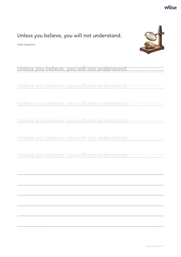 영어 따라쓰기 PDF 첫 페이지: Unless you believe, you will not understand.