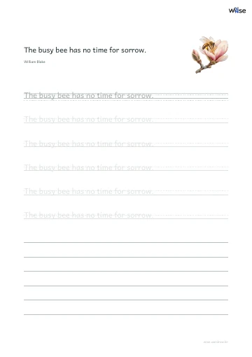 영어 따라쓰기 PDF 첫 페이지: The busy bee has no time for sorrow.