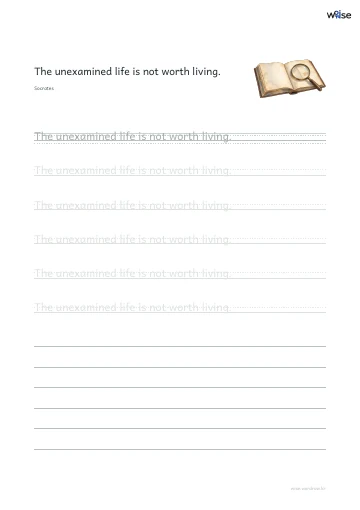 영어 따라쓰기 PDF 첫 페이지: The unexamined life is not worth living.