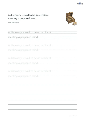 영어 따라쓰기 PDF 첫 페이지: A discovery is said to be an accident meeting a prepared mind.