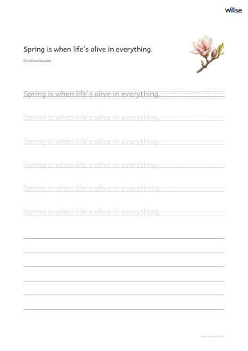 영어 따라쓰기 PDF 첫 페이지: Spring is when life's alive in everything.