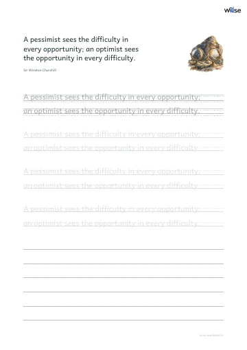 영어 따라쓰기 PDF 첫 페이지: A pessimist sees the difficulty in every opportunity; an optimist sees the opportunity in every difficulty.