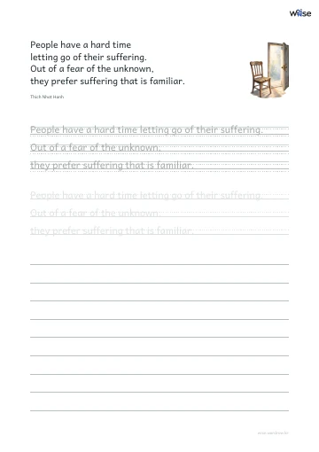 영어 따라쓰기 PDF 첫 페이지: People have a hard time letting go of their suffering. Out of a fear of the unknown, they prefer suffering that is familiar.