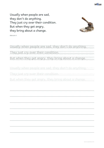 영어 따라쓰기 PDF 첫 페이지: Usually when people are sad, they don't do anything. They just cry over their condition. But when they get angry, they bring about a change.