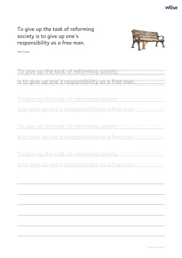 영어 따라쓰기 PDF 첫 페이지: To give up the task of reforming society is to give up one's responsibility as a free man.