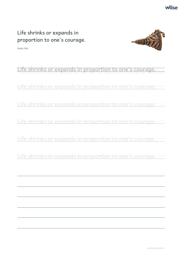 영어 따라쓰기 PDF 첫 페이지: Life shrinks or expands in proportion to one's courage.