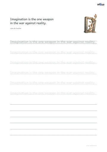 영어 따라쓰기 PDF 첫 페이지: Imagination is the one weapon in the war against reality.
