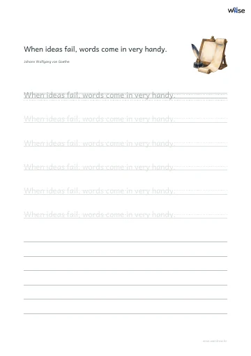 영어 따라쓰기 PDF 첫 페이지: When ideas fail, words come in very handy.
